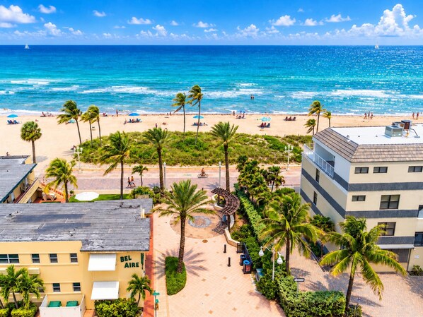 A beachside hotel with a view of the ocean, palm trees, and a paved walkway. - Steps to the Beach in Hollywood (Hollywood)