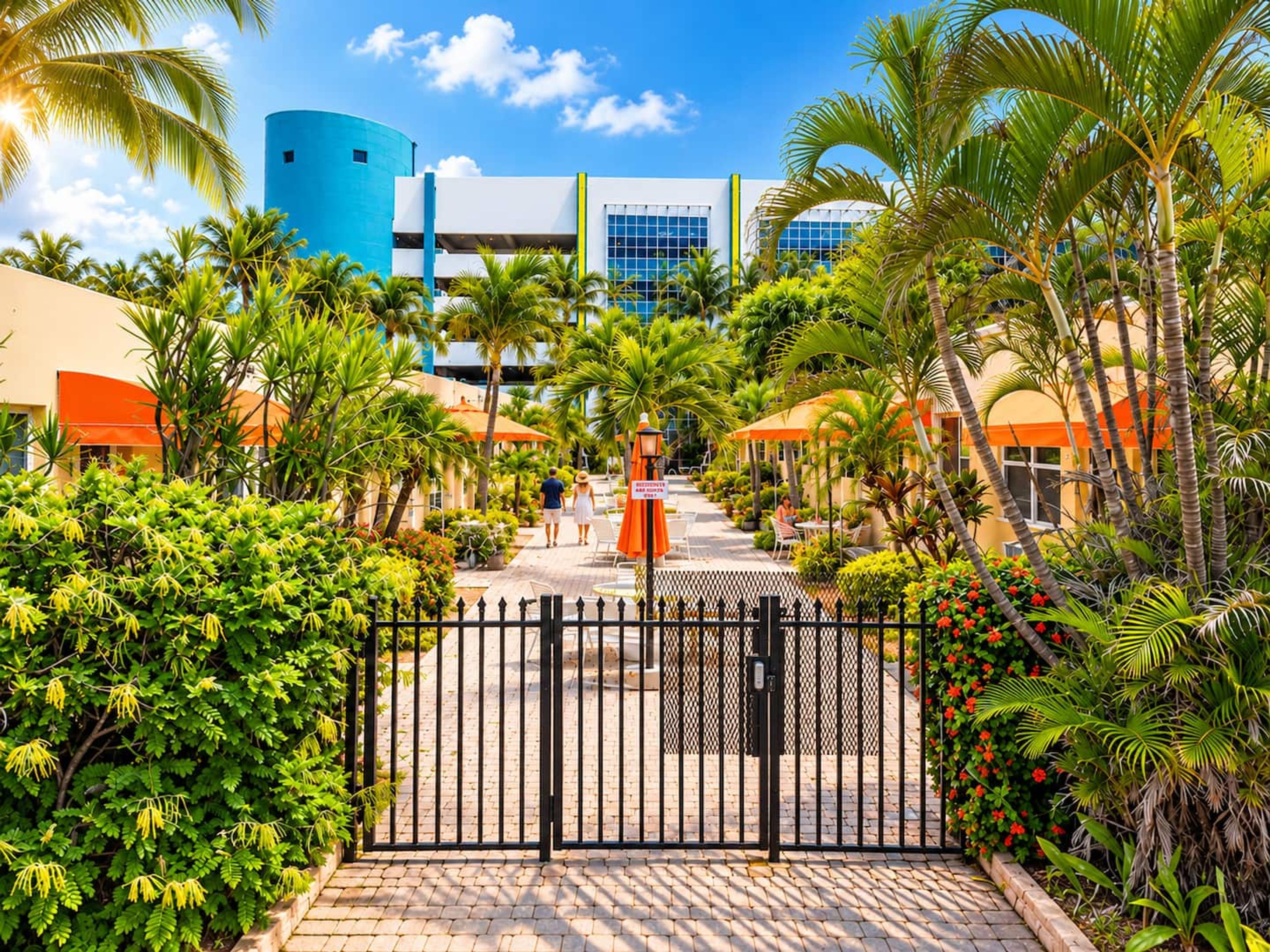 A gated entrance with a paved walkway leading to a building with a blue cylindrical structure and a modern design.
