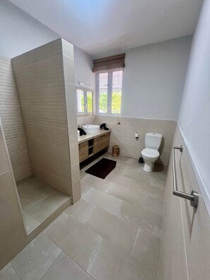 A modern bathroom with a shower, toilet, and sink. - Lakaz Poz 5 - Chambre double - 200m de la mer (Albion)