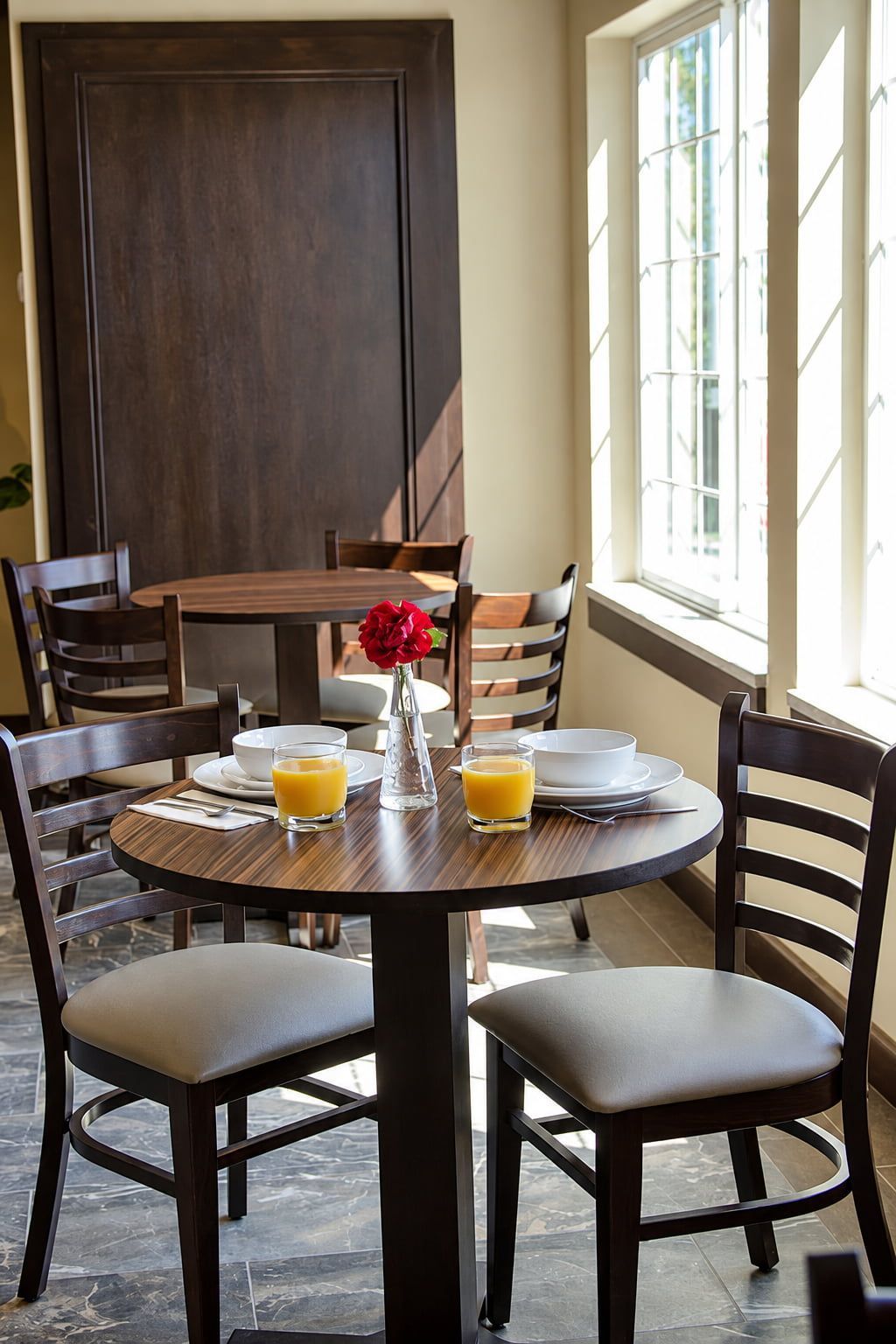 A dining area with a round table, four chairs, and a vase with a red flower.