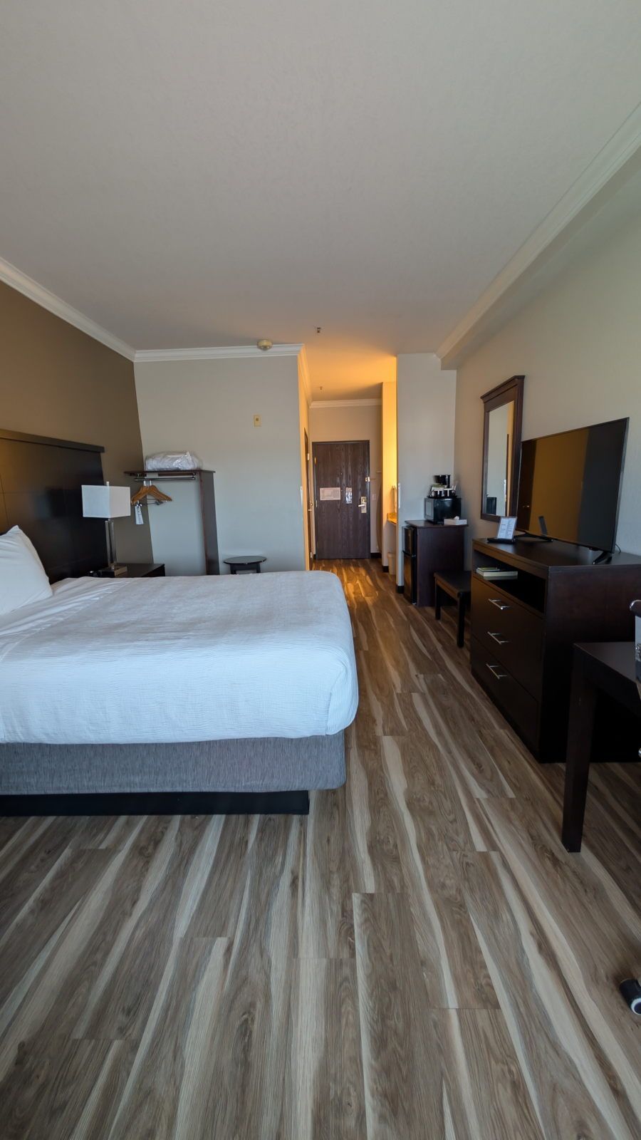 A hotel room with a large bed, a desk, a chair, a television, and a mirror.
