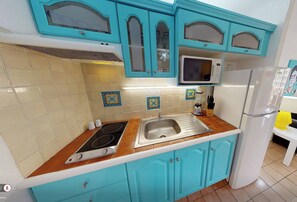A kitchen with turquoise cabinets, a microwave, a sink, and a stove.