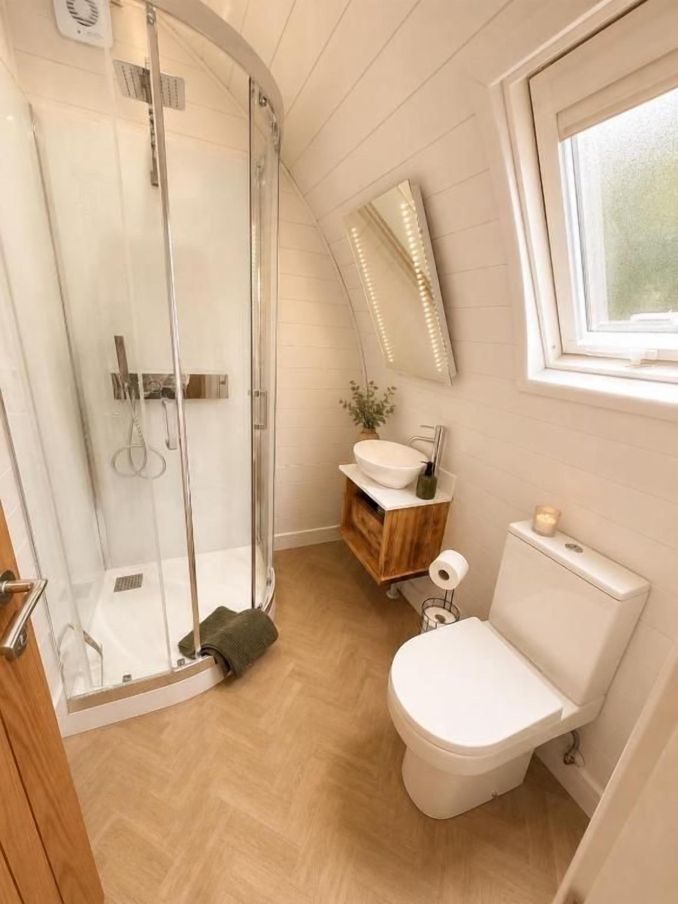 A bathroom with a glass shower enclosure, a toilet, a sink, and a mirror.