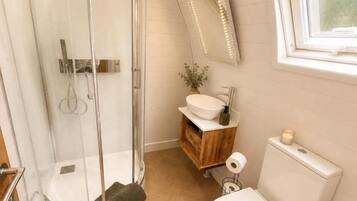 A bathroom with a glass shower enclosure, a toilet, a sink, and a mirror.