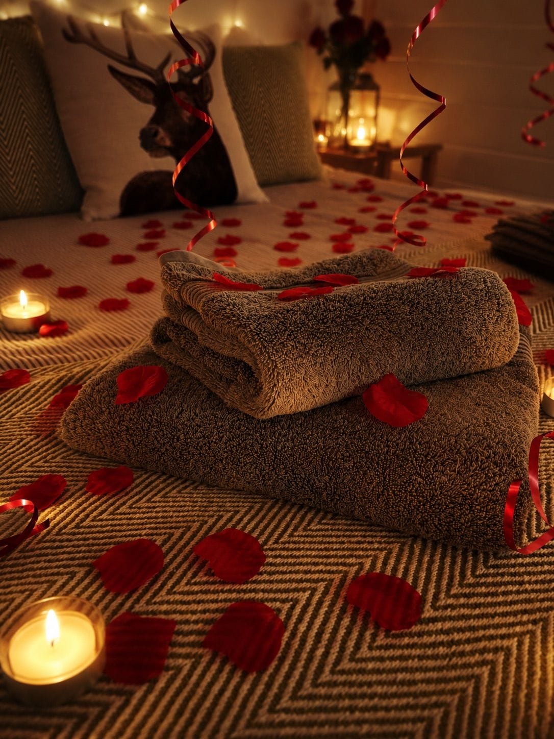 Una habitación acogedora con cama, almohadas, cabeza de ciervo decorativa, velas y una manta con pétalos de rosa.