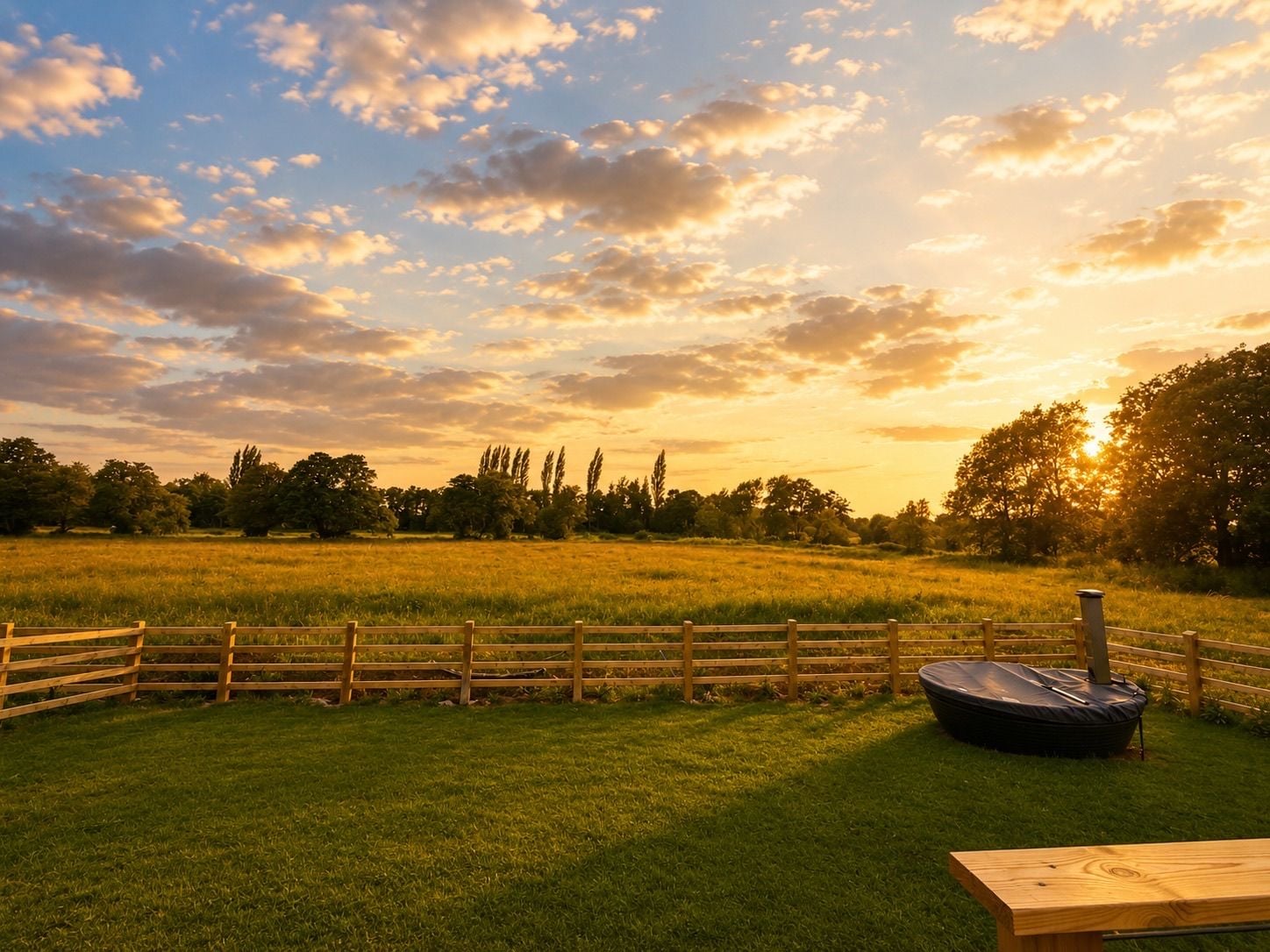 Un campo cubierto de hierba con una cerca de madera y una mesa de picnic.