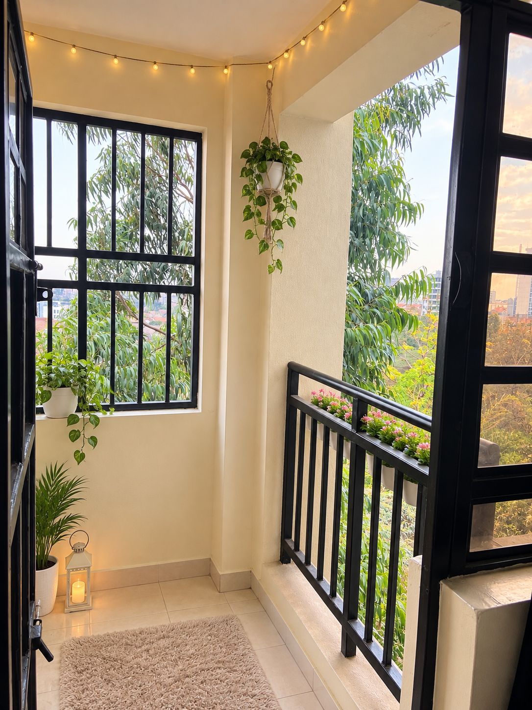 Un balcon donnant sur un espace verdoyant, une plante suspendue, une lanterne et une rambarde.