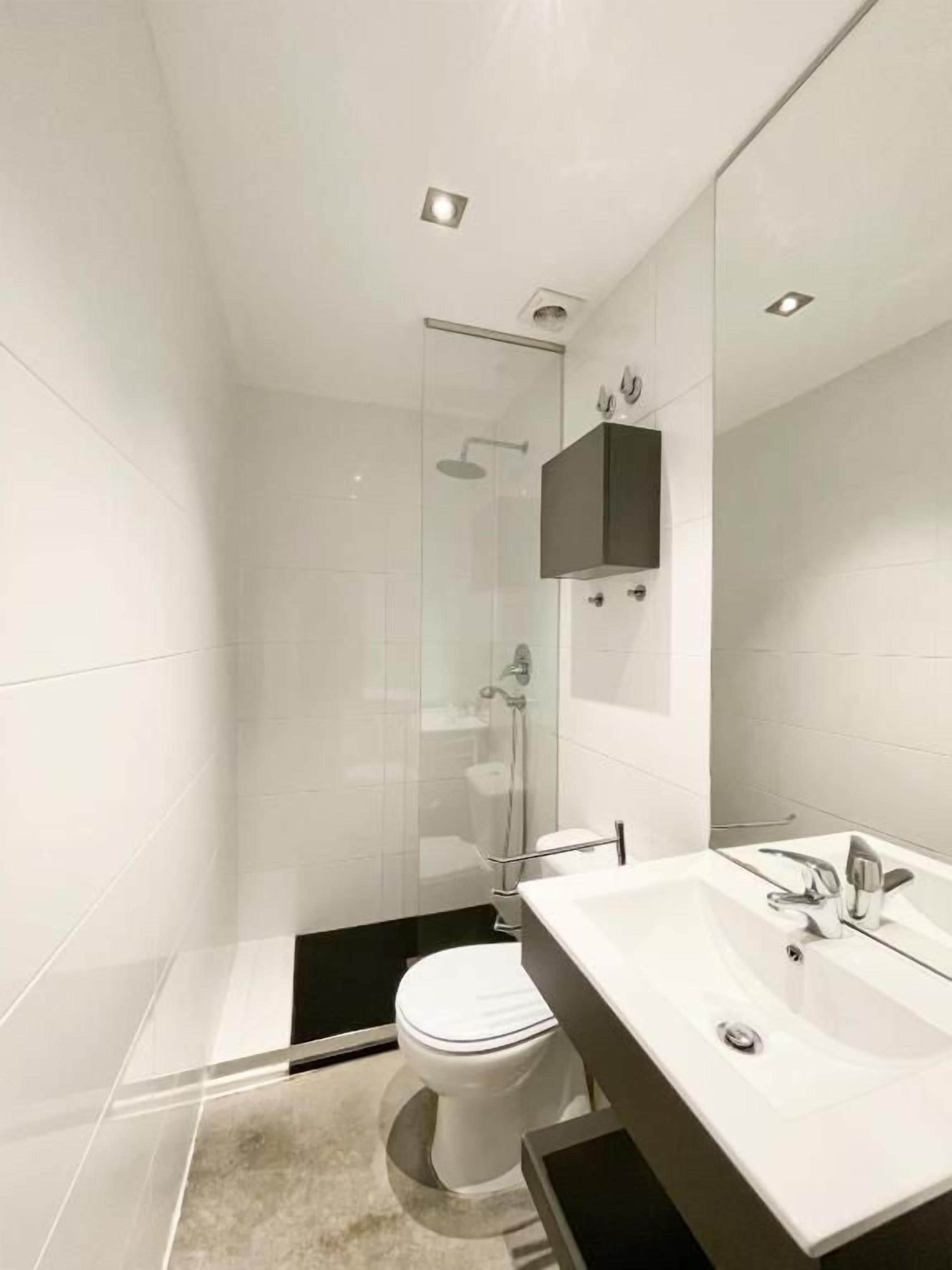 A modern bathroom with a glass shower enclosure, a white toilet, and a vanity with a mirror.