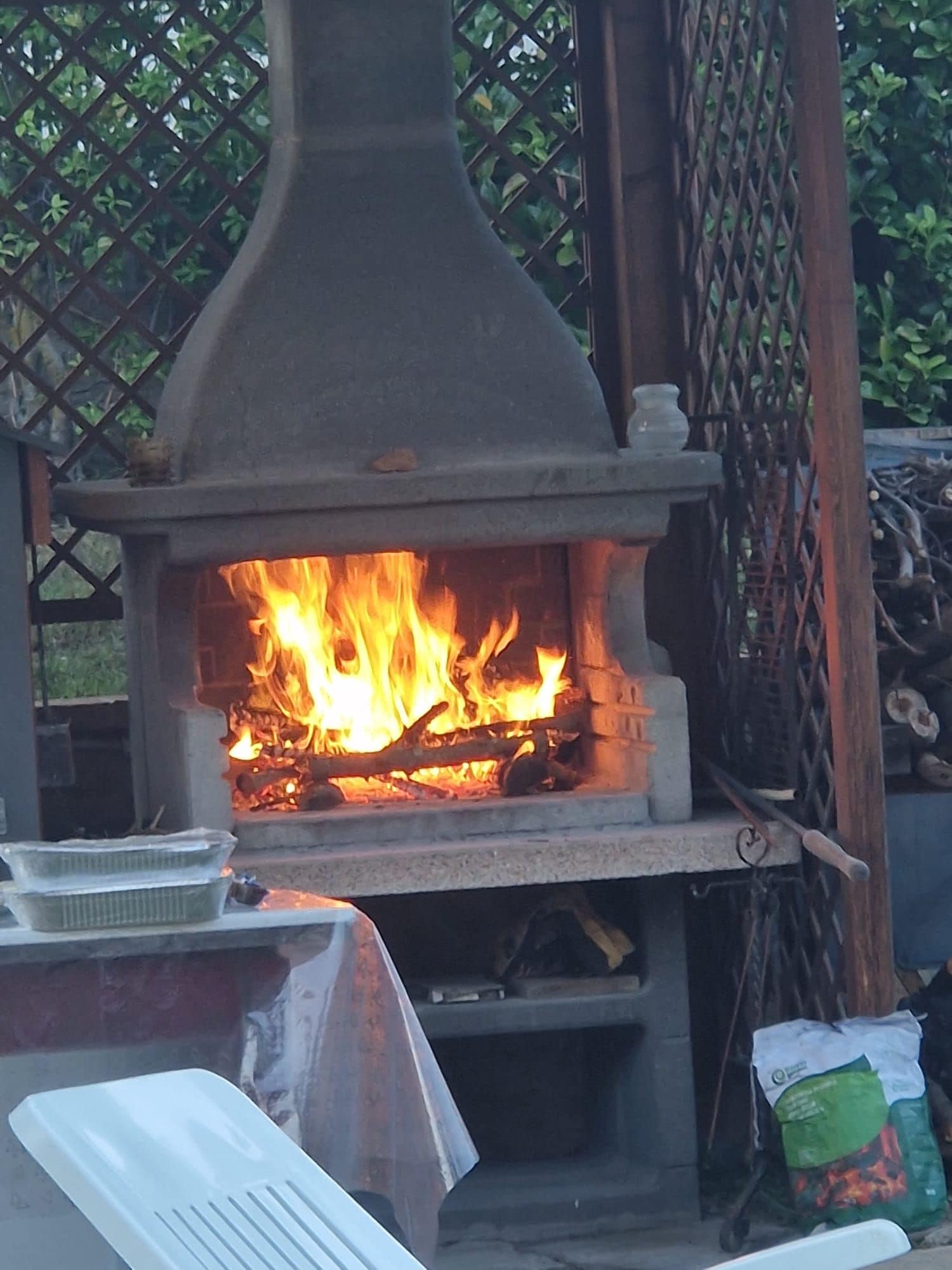 A wood-burning stove with flames, a metal rack, and a bag of firewood.