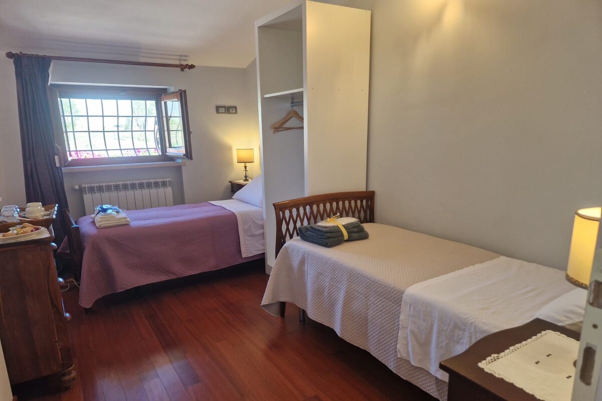A room with two single beds, a wooden dresser, a radiator, and a window with curtains.