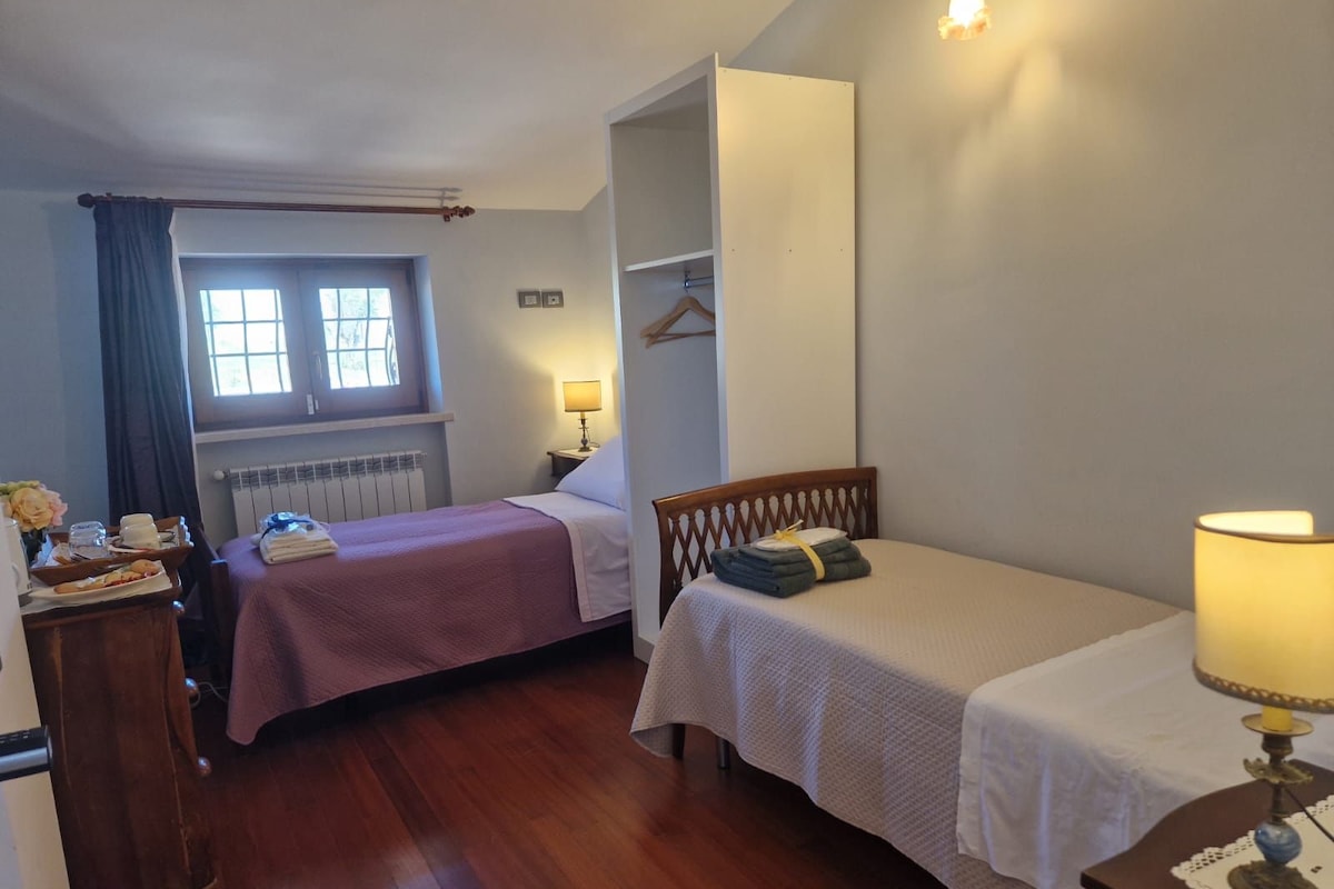 A room with two beds, a radiator, a window with curtains, a table with a lamp, and a wardrobe.