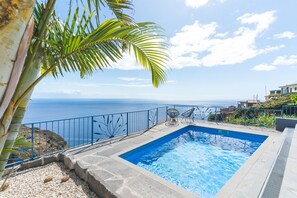 Ein Pool mit Meerblick, umgeben von einer Umzäunung und Palmen.
