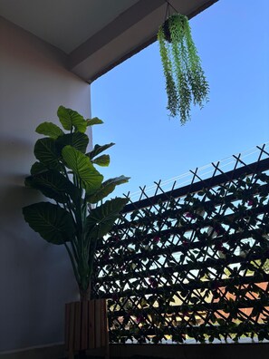 A potted plant with large leaves in a wooden planter, a hanging plant with slender leaves, and a lattice structure in the background. - Cozy 2BR Apartment with Tarmac Access (Kampala)