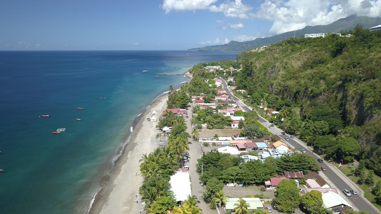 An aerial view of a coastal town with a beach, houses, and a road.