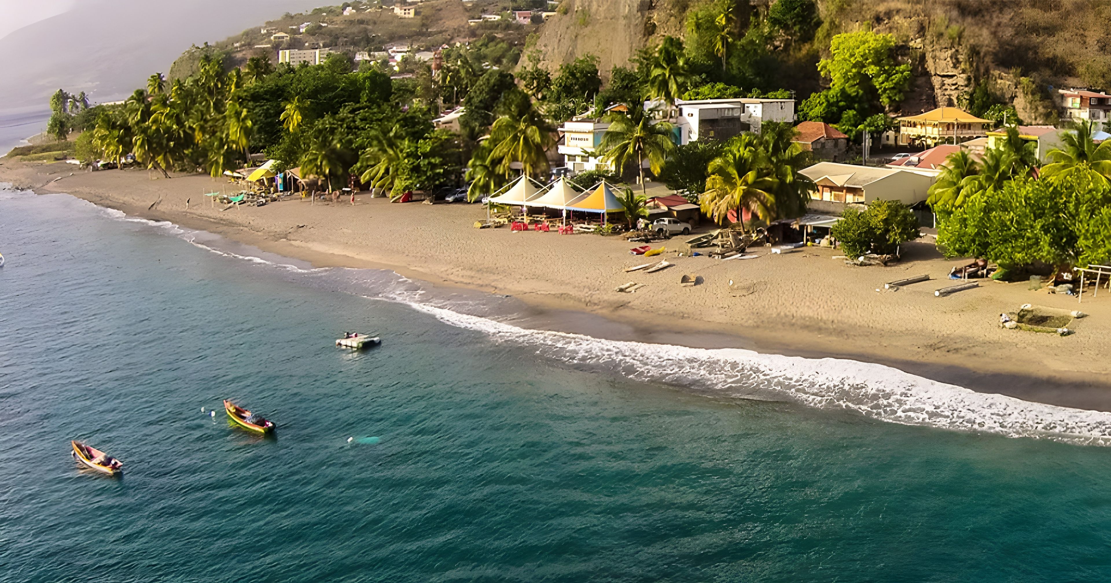 Une plage bordée d’une rangée de maisons, de palmiers, et offrant une vue dégagée sur l’océan.