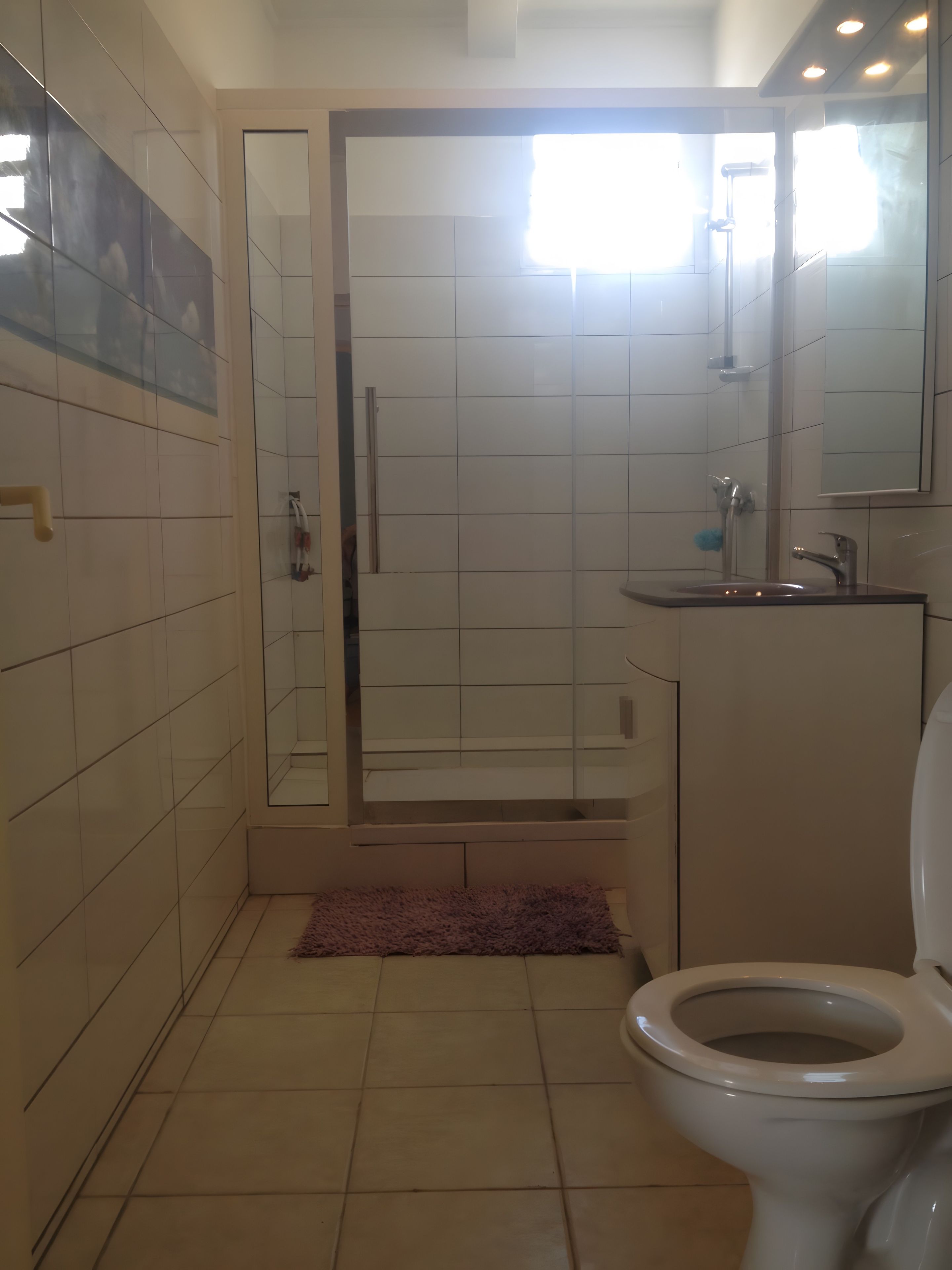 A bathroom with a toilet, a shower, and a sink.