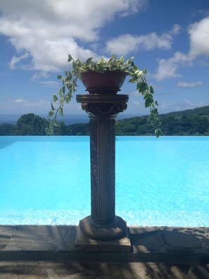 Une piscine d’un bleu éclatant, agrémentée d’une colonne décorative et d’une plante en pot au premier plan.