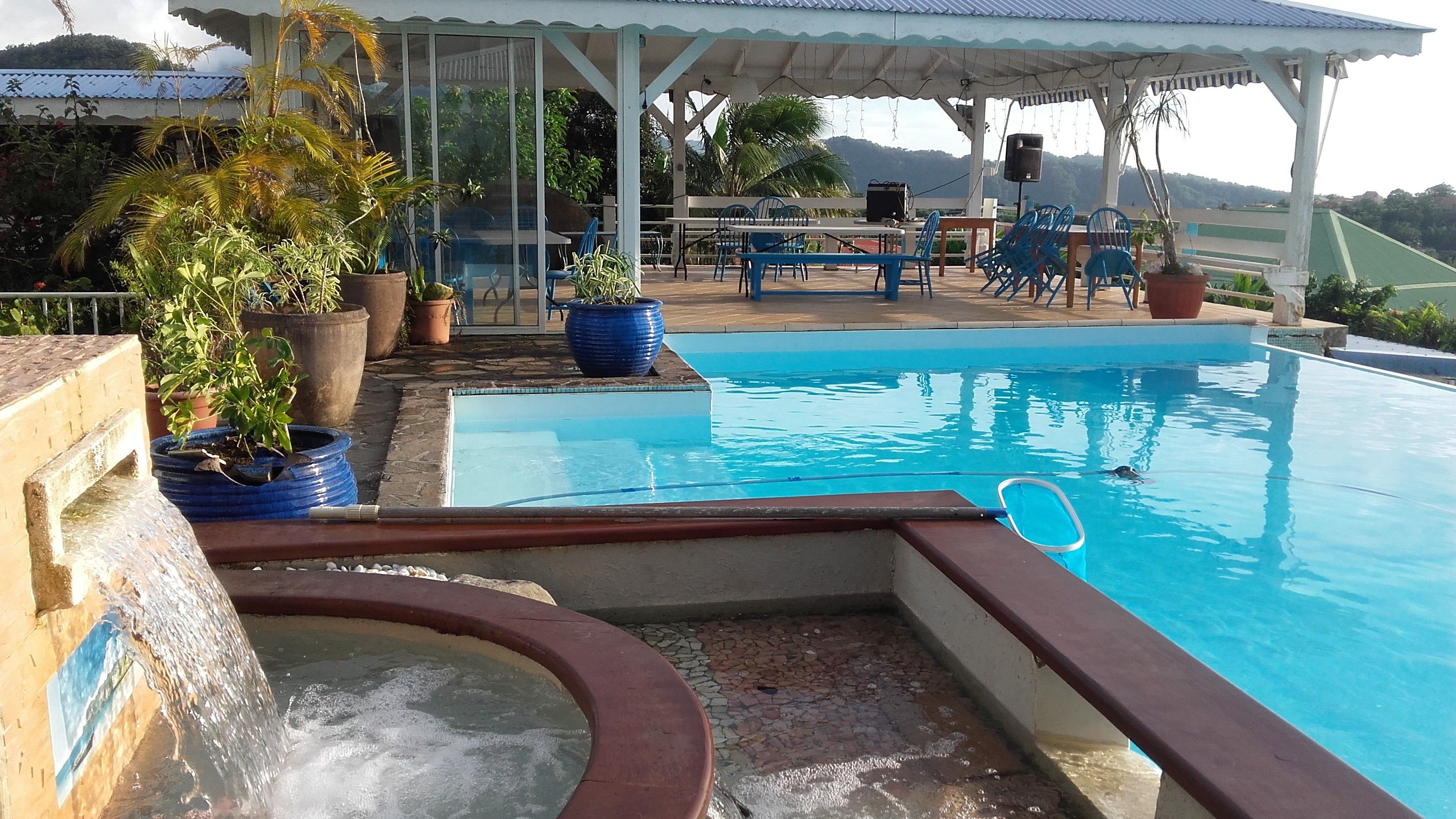 A swimming pool with a hot tub, surrounded by potted plants and outdoor furniture.