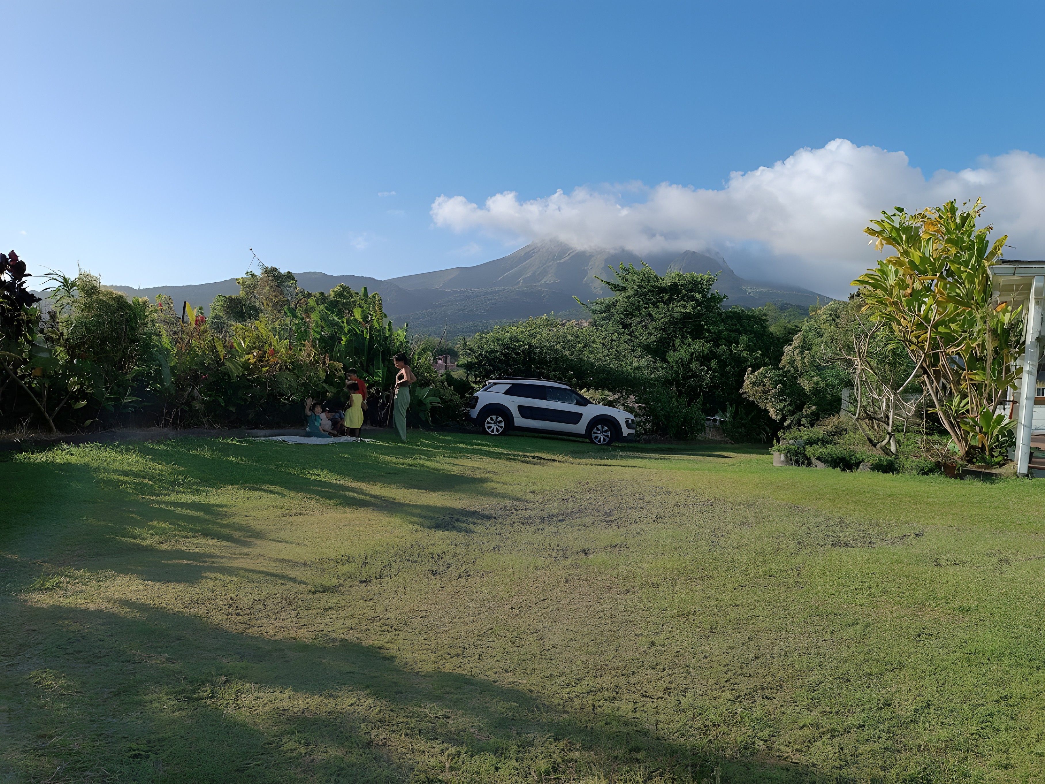 A grassy area with a white car parked, surrounded by greenery and a mountain in the background.