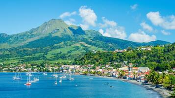 A coastal town with a mountain in the background, boats in the water, and buildings along the shore.