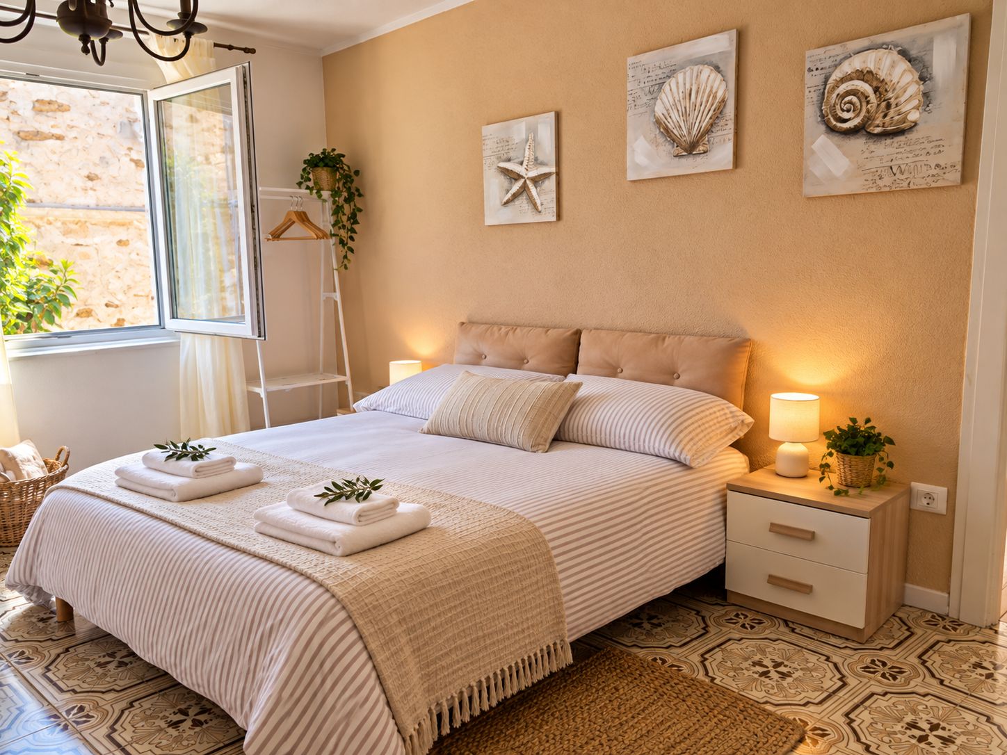 Ein Schlafzimmer mit einem Bett, Nachttischen, einem Fenster mit Ausblick und Wandbildern.