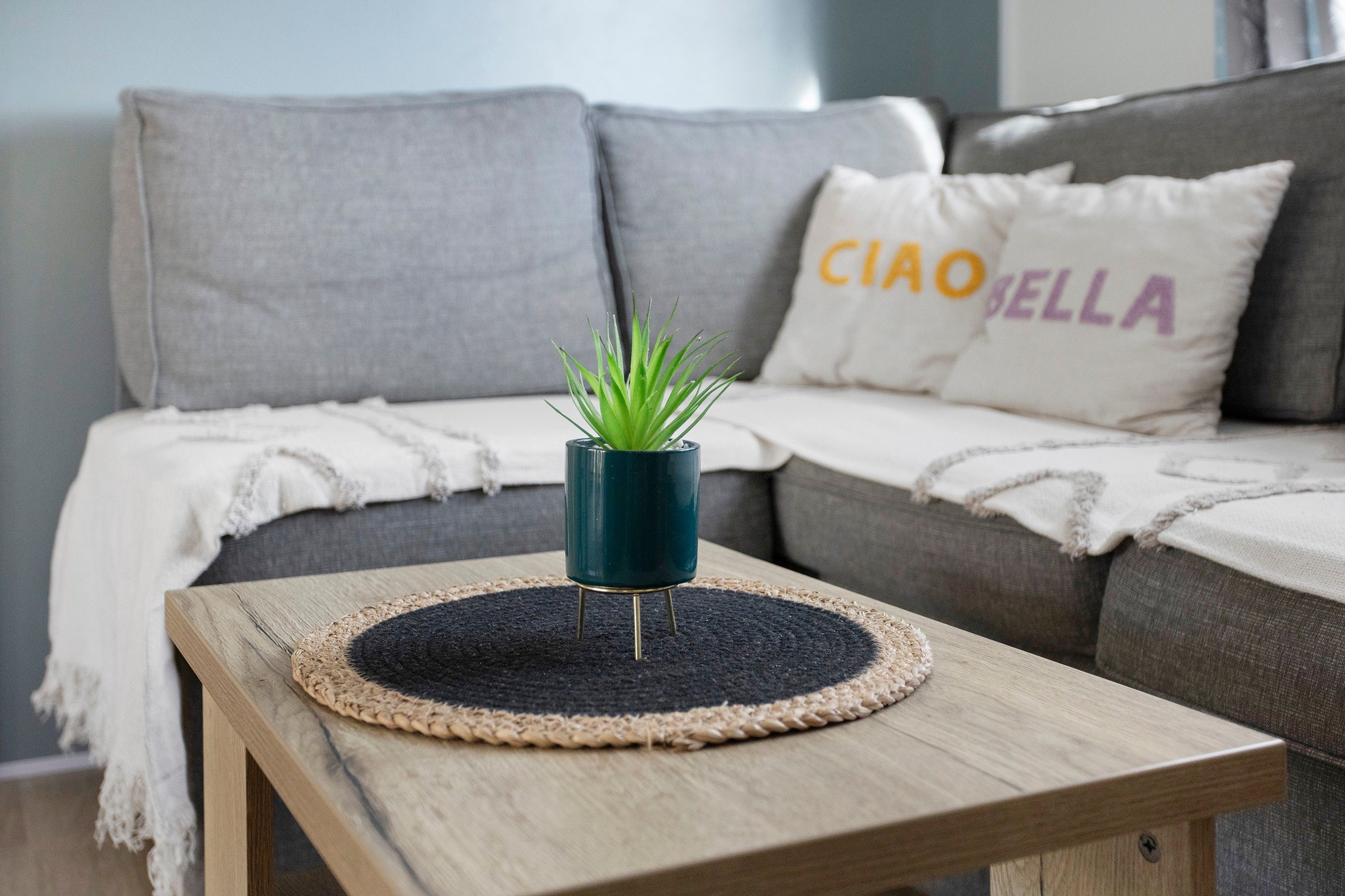 Une petite table en bois, sur laquelle repose une nappe en fibres tressées et une plante verte dans un pot bleu.