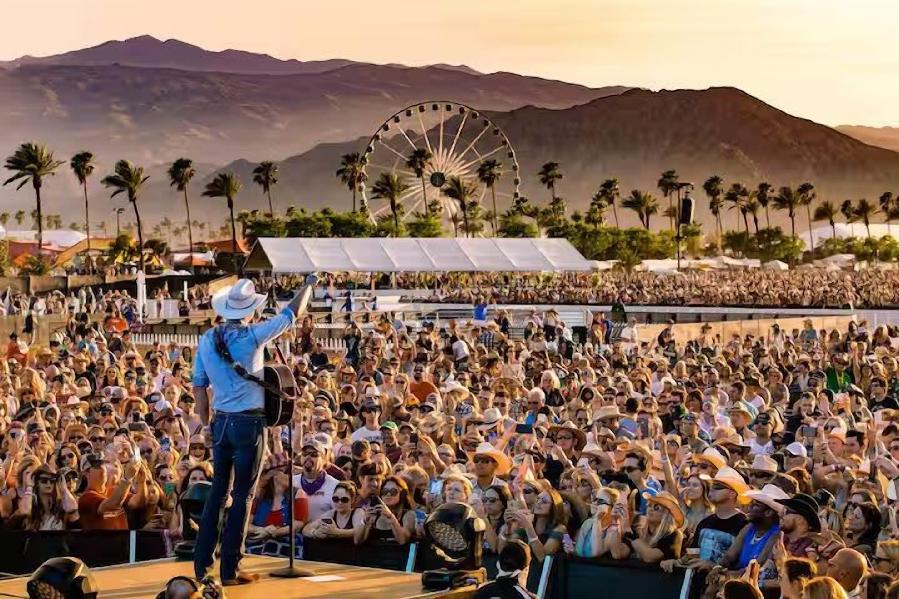 A large outdoor concert with a crowd, a stage, and a Ferris wheel in the background.