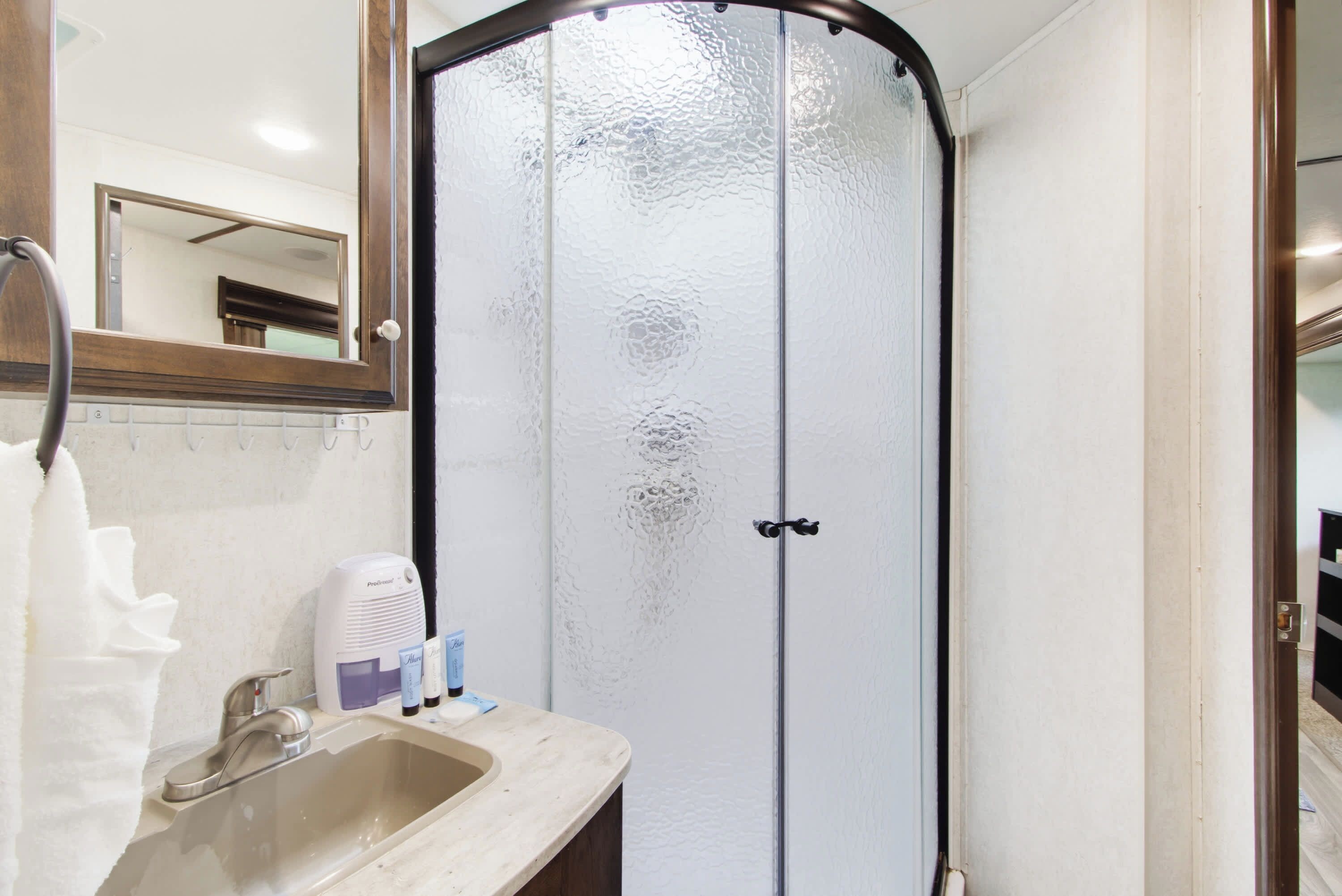 A bathroom with a shower, a sink, and a mirror.