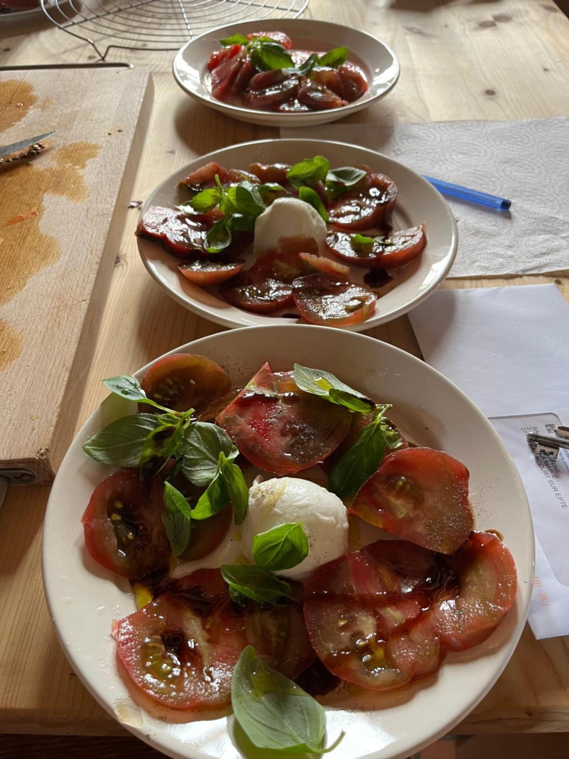 Deux assiettes de nourriture, composées de tomates et de basilic, sont posées sur une table en bois.