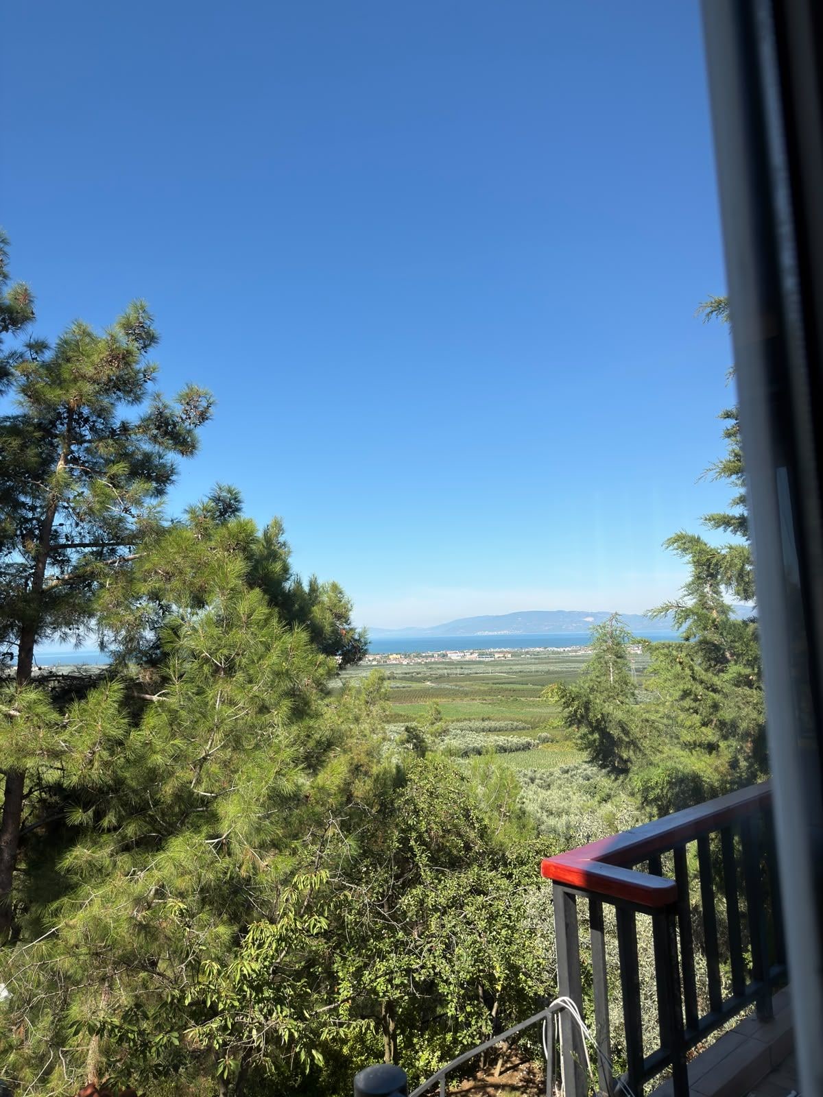 Un balcón con vistas a un paisaje costero, que incluye árboles y colinas distantes.