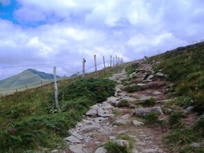 Trilha rochosa para caminhada com montanha ao fundo, cercada por vegetação e uma cerca de arame farpado.