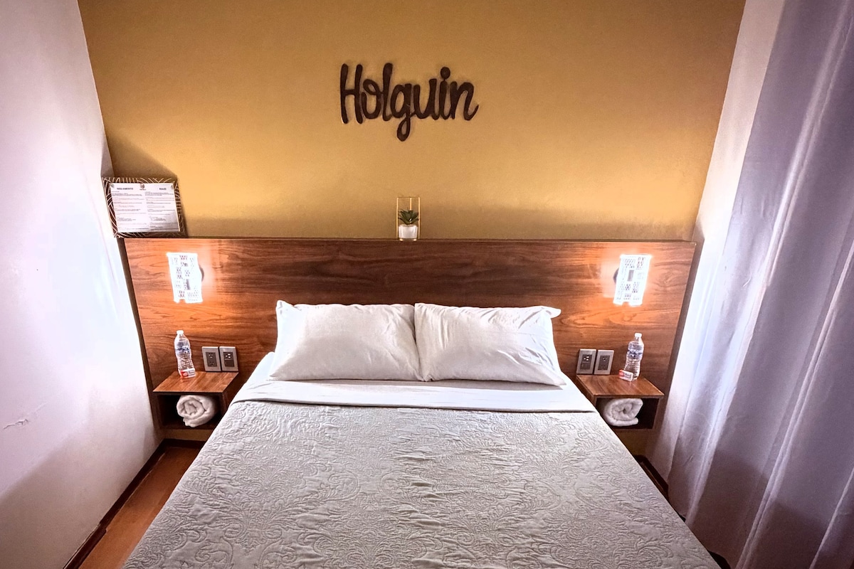 Una habitación de hotel con una cama, un cabecero con el nombre 'Holguin' en la pared, dos mesitas de noche con lámparas y una planta pequeña en maceta.