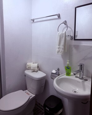 Un baño pequeño con inodoro, lavamanos y toallero.