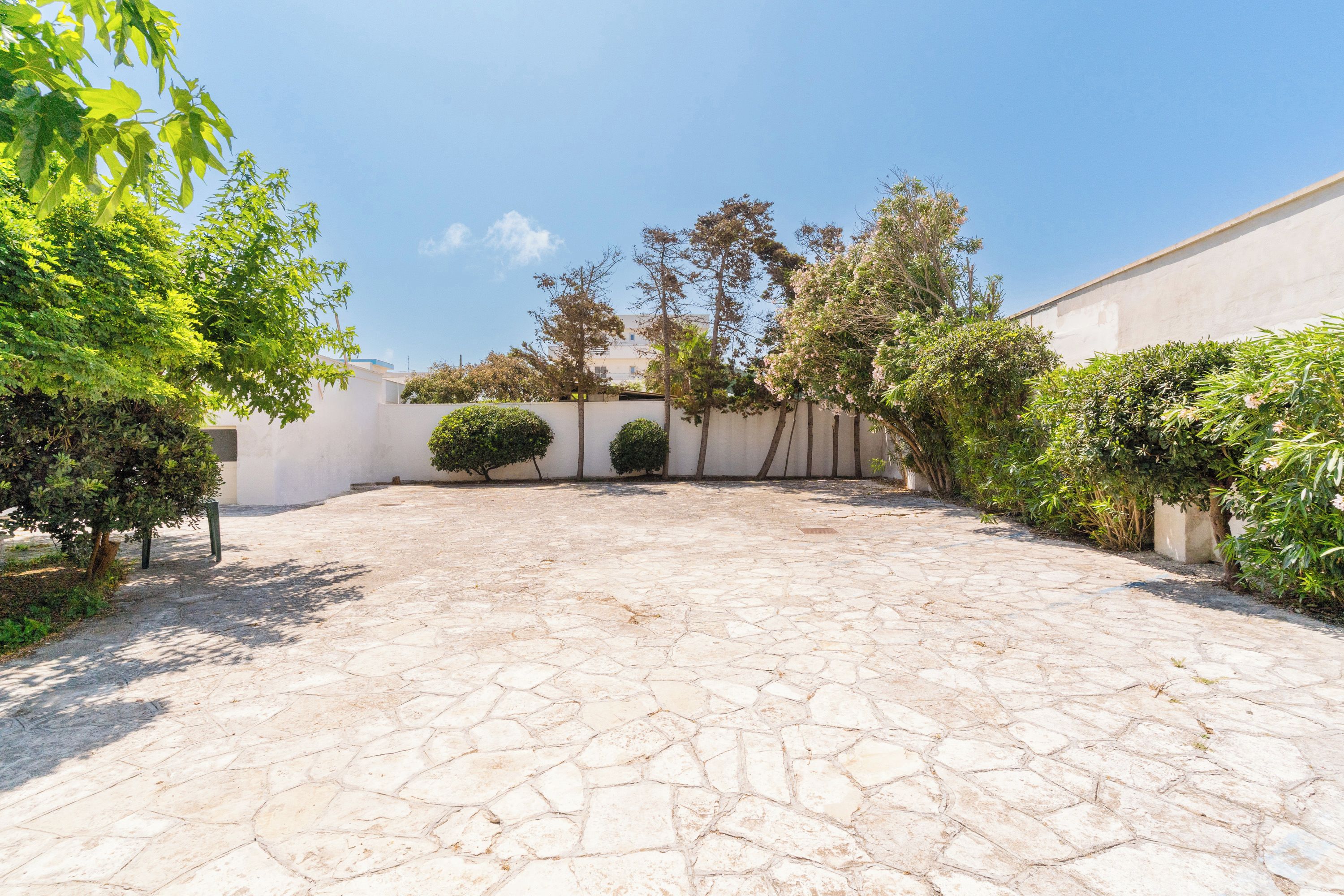A courtyard with stone flooring, surrounded by low walls and various shrubs and trees.
