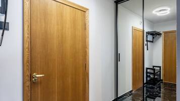 A hallway with a wooden door, a black marble floor, and a large mirror reflecting the door and a ceiling light fixture.