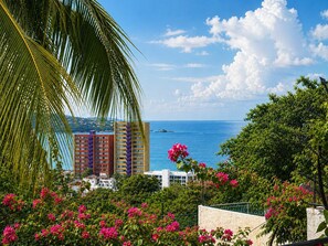 A coastal view with a clear sky, a palm tree, and a building with balconies overlooking the sea. - Above the Gardens. Beyond Expectations - Villa Rosamaria, Pet-Friendly (Manzanillo)