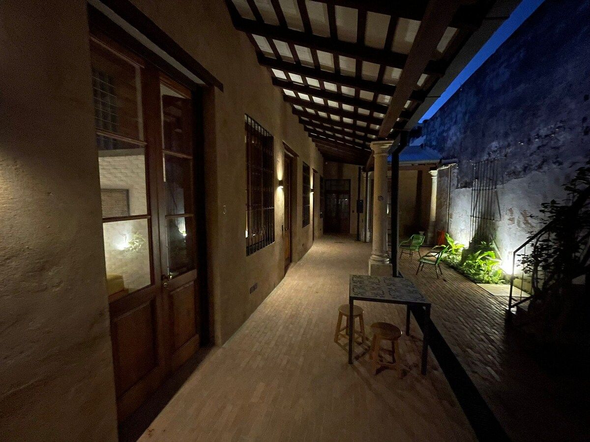 Courtyard corridor at night