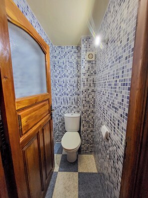 A bathroom with a tiled mosaic wall, a wooden door, and a toilet.