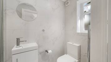 A bathroom with a toilet, sink, and mirror.