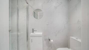 A modern bathroom with a glass-enclosed shower, a sink with a mirror, and a toilet.