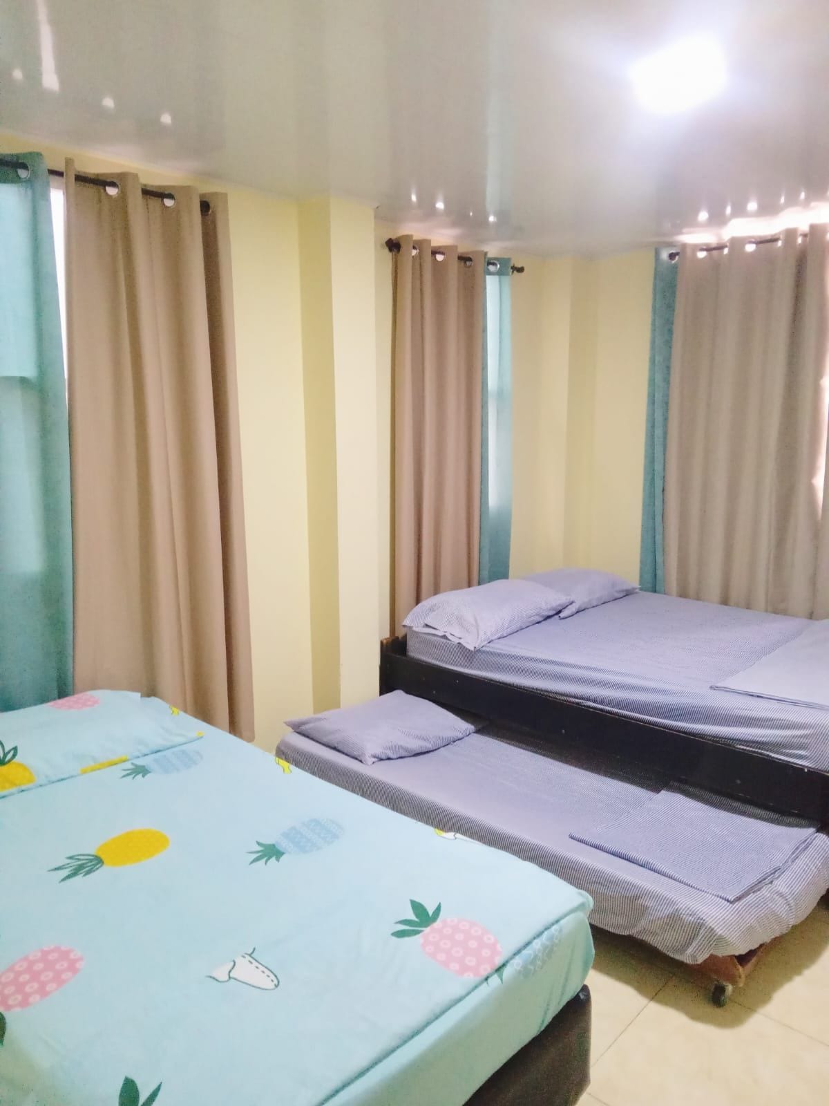 Una habitación con dos camas, una con cubrecama estampado de piña y la otra con cubrecama a rayas.