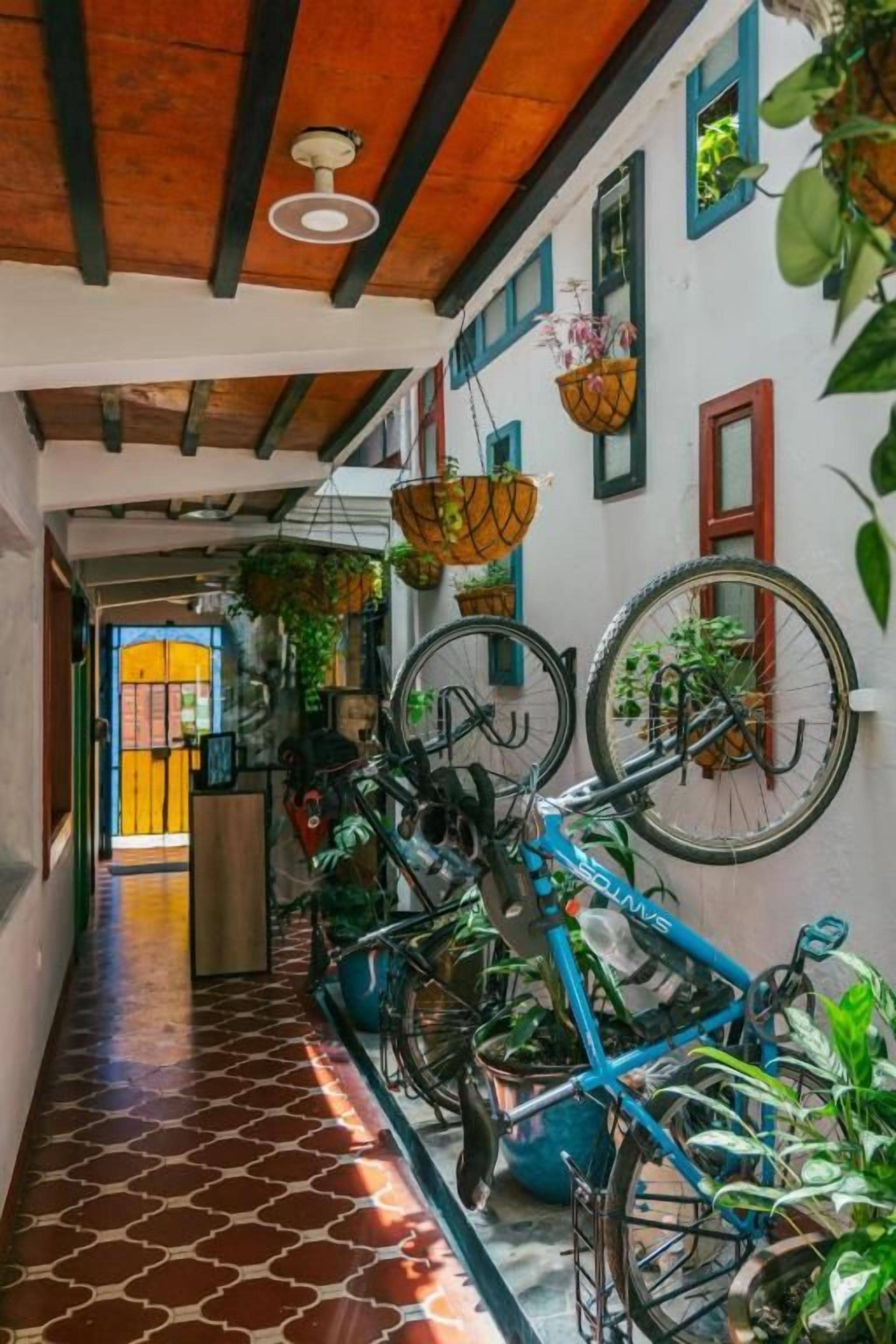 A hallway with bicycles parked against a wall, potted plants, and a wooden ceiling.
