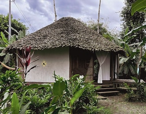 A small, single-story structure with a thatched roof, surrounded by lush greenery. - Luzul Ecohotel (Arusi)
