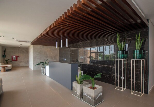 Building lobby with reception desk
