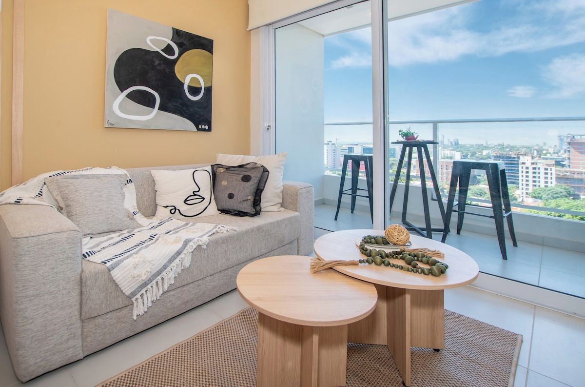 Living room seating and balcony