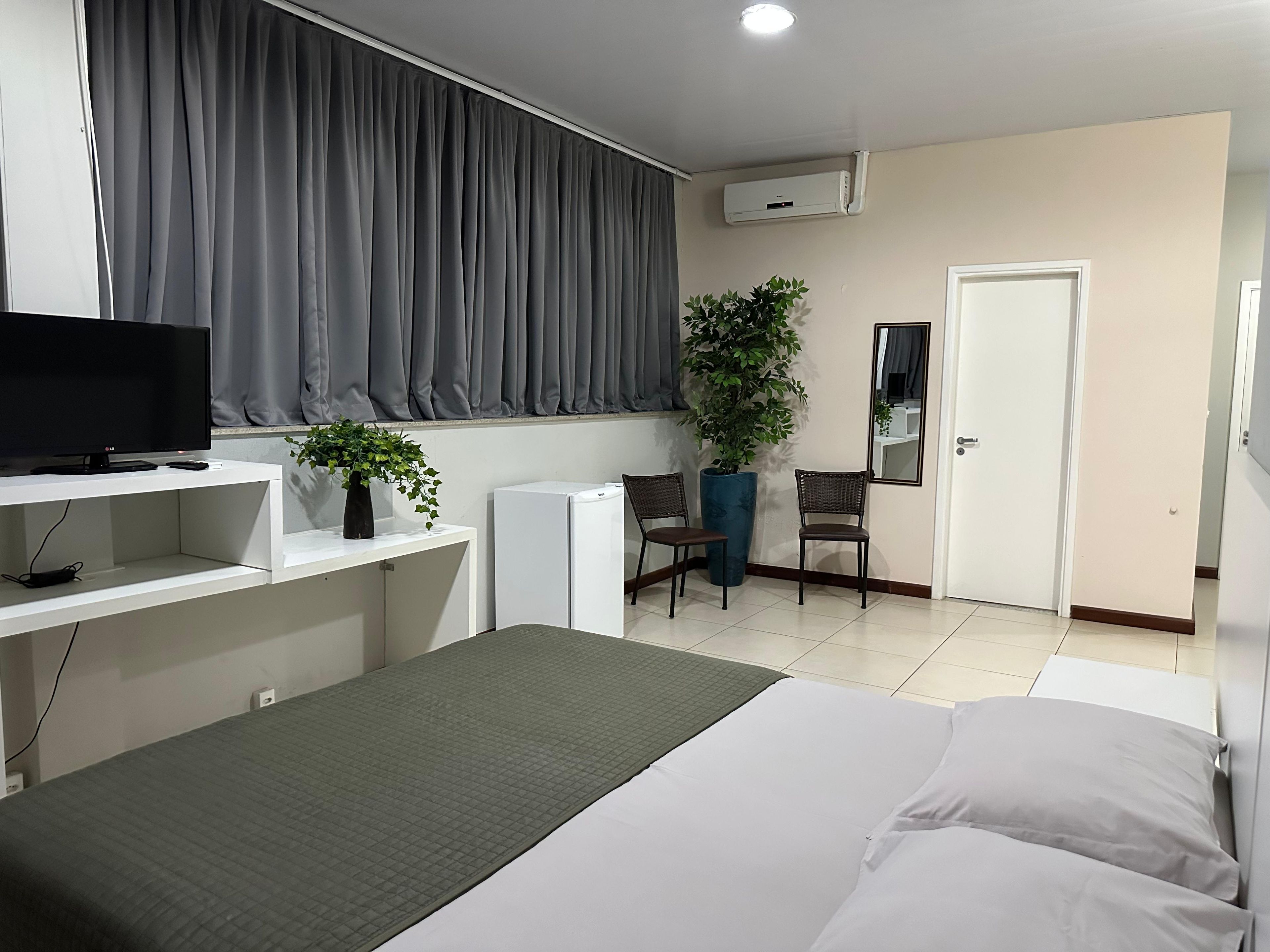 A hotel room with a bed, a desk with a TV, a potted plant, a chair, and a door.