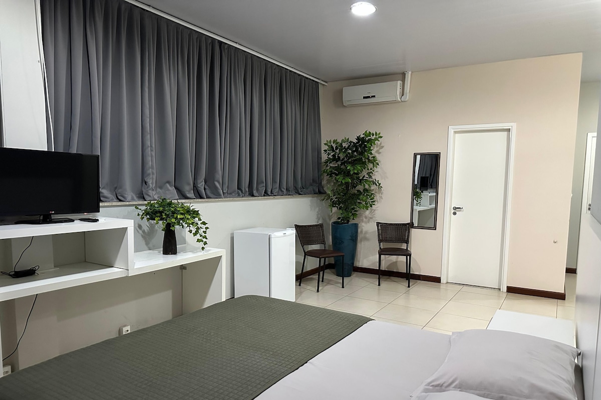 A hotel room with a bed, a desk with a TV, a potted plant, a chair, and a door.