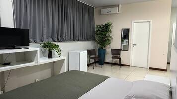 Une chambre d’hôtel avec un lit, un bureau avec une télévision, une plante en pot, une chaise et une porte.