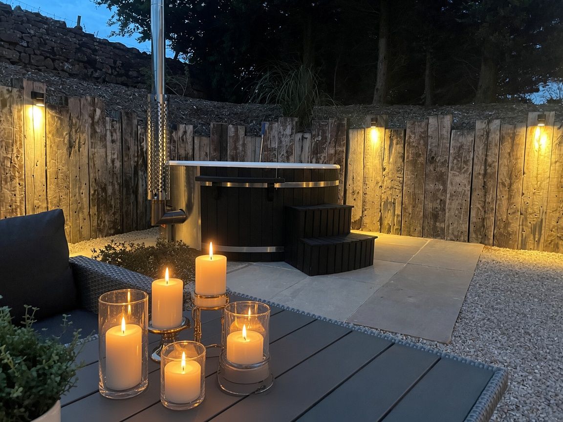 Un espace extérieur aménagé en patio, avec des sièges, un foyer et de nombreuses bougies créant une ambiance chaleureuse.