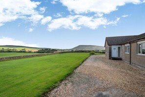 A rural property with a gravel driveway, a grassy field, and a building with a door and windows.